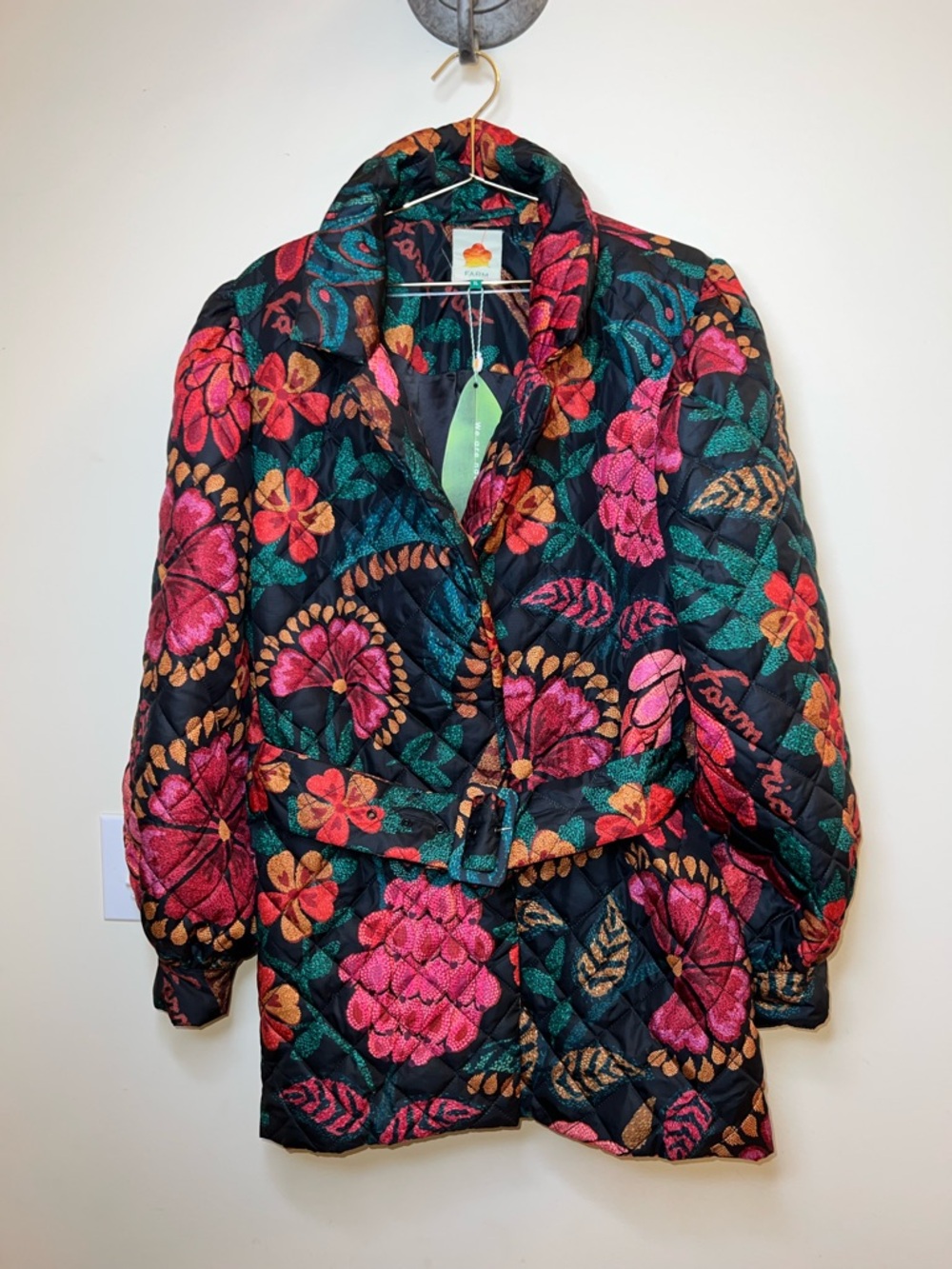Farm Rio Black Floral Quilted Puffer Jacket XL NWT‎ Belted “Made in Brazil”
